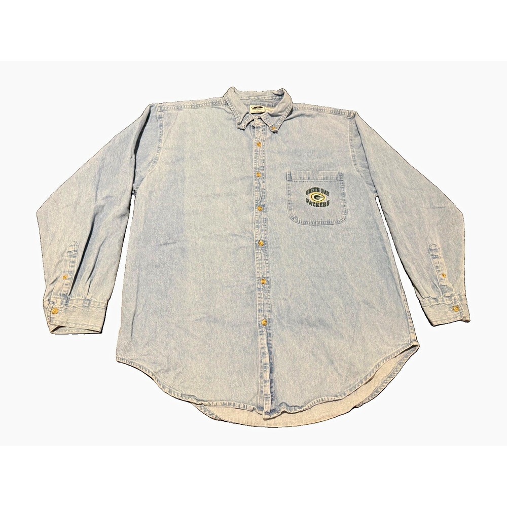 The Edge Green Bay Packers NFL Blue Denim Long Sleeve Button-Up Shirt Mens L VTG